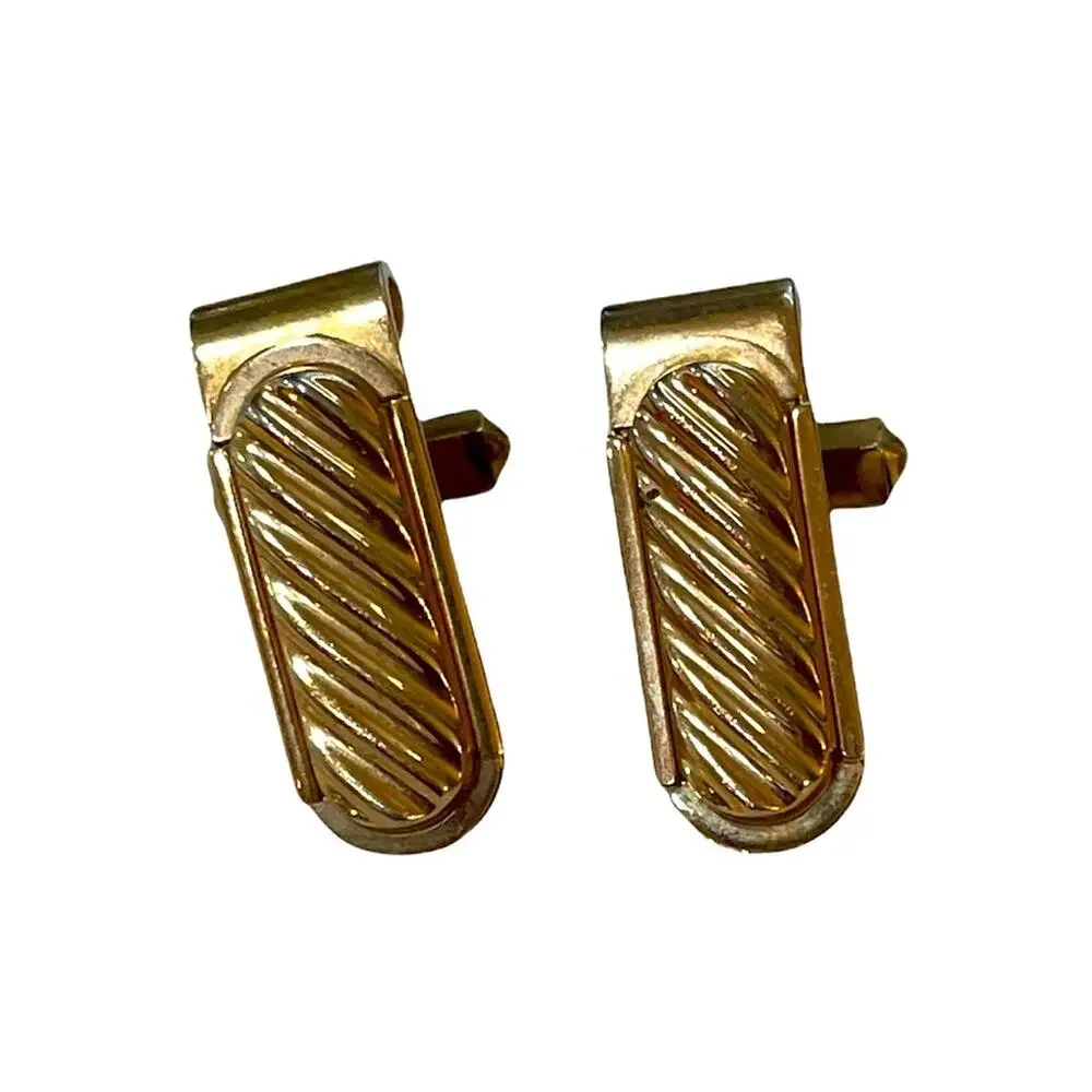Vintage Gold Cuff Links Mens Art Deco Ribbed Bar 1970s Retro‎ Formal Event